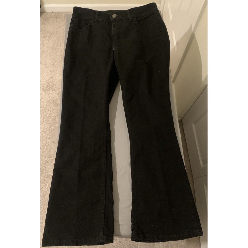 Womens Black Flare Leg High Rise Denim Jeans Five Pocket Solid Black Stretch